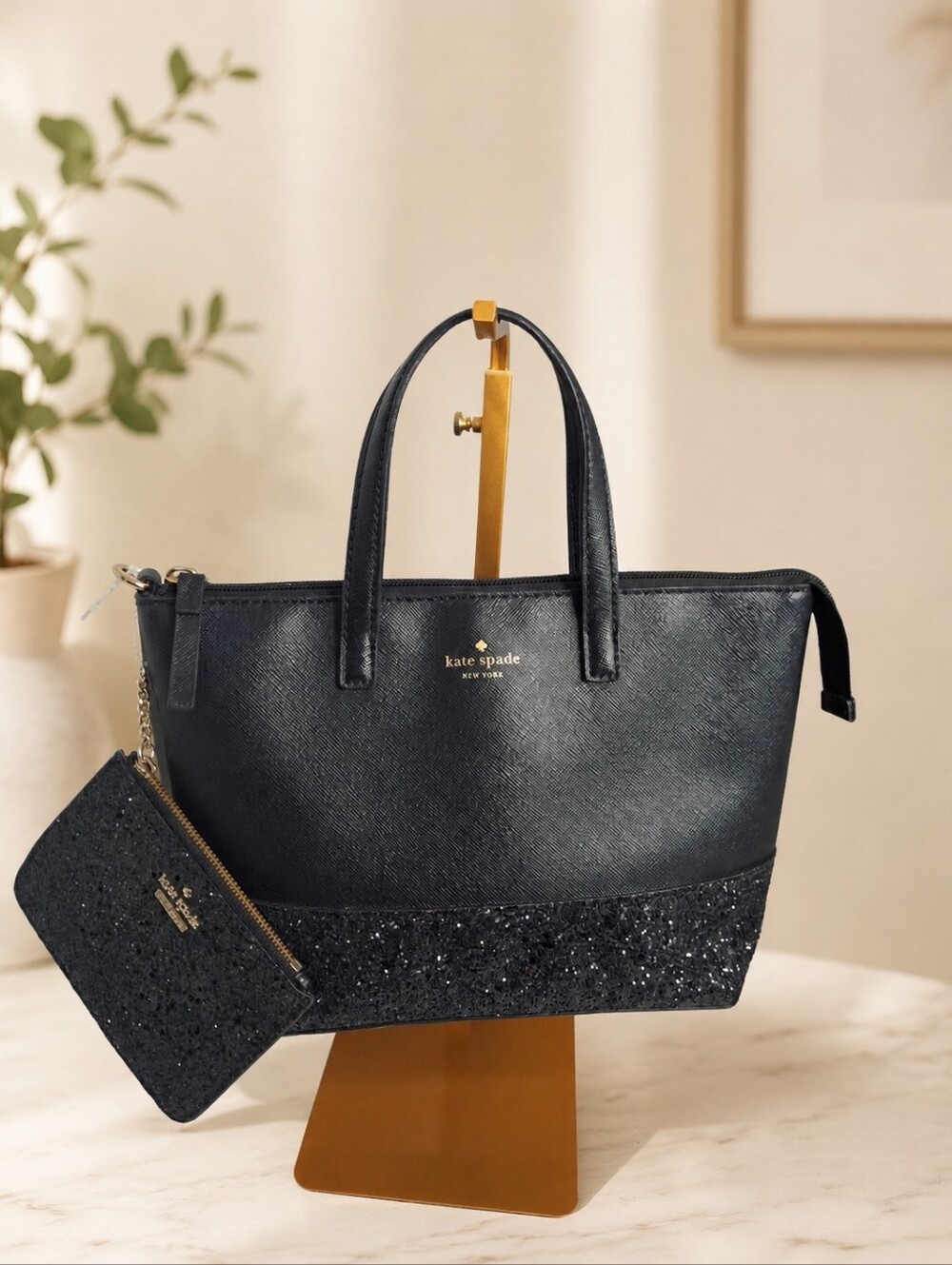 Kate Spade Black Glitter Satchel & Bitsy Wallet Set EUC